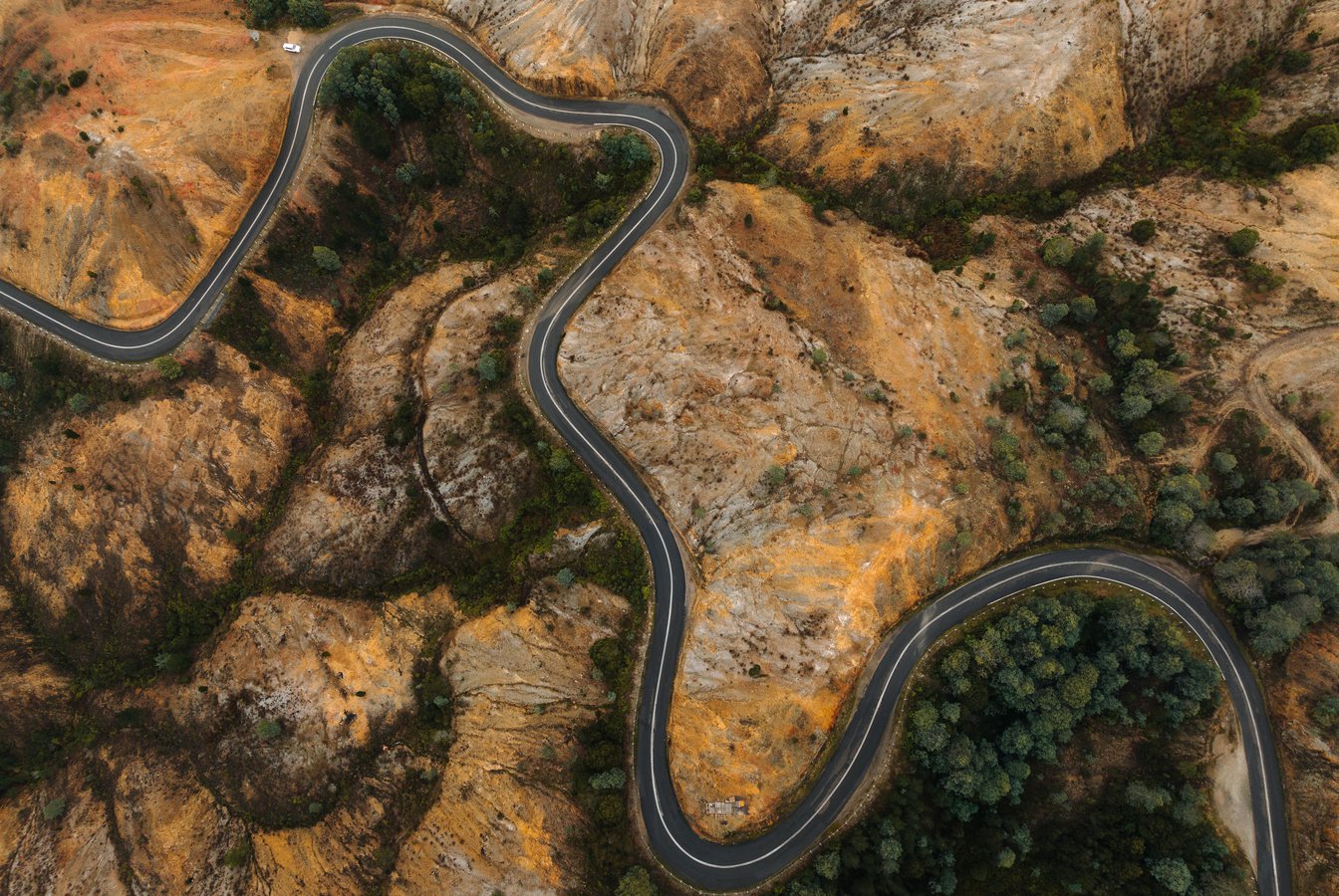 Aerial photo of the barren hills as you drive into Queenstown