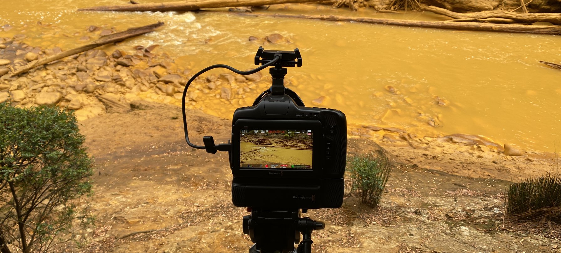 A photo of a camera in front of a stream, credit Polly Stanton.