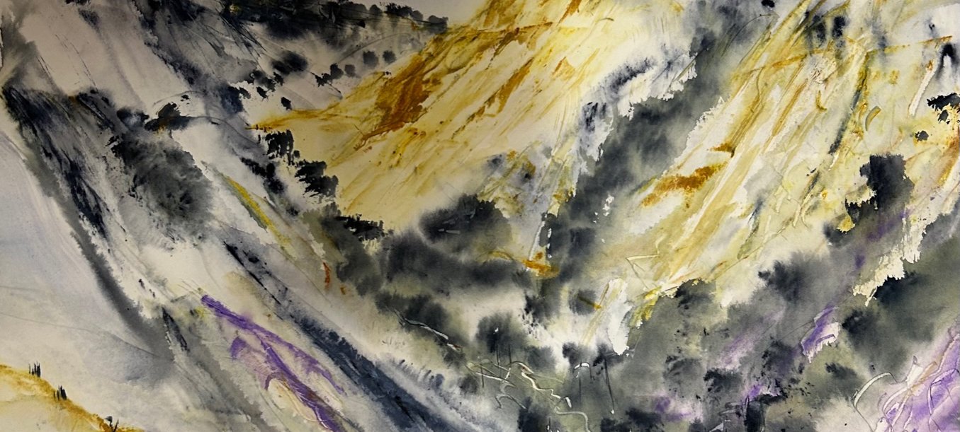 A photo of Tony Weare's artwork. The work uses watercolours to depict a rolling valley under a wispy blue sky. The valley features gold and yellow hills with ramblings of dark green shrubbery throughout. Credit Tony Weare.