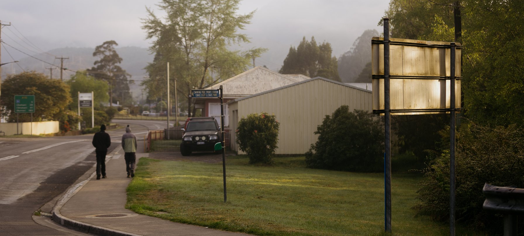 Two people walk along a suburban street. The sky is misty and the trees and grass are lush green.