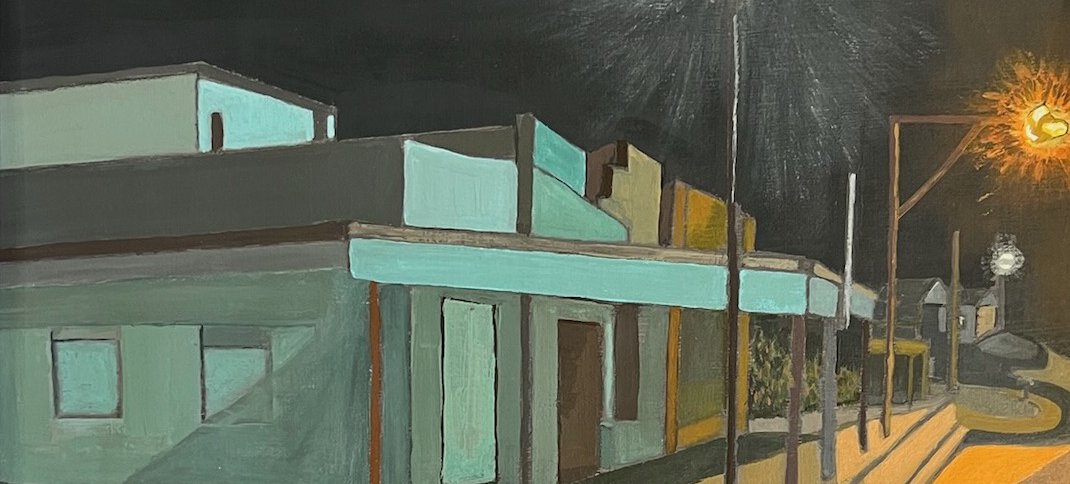 A photo of Joanne Bateman's art. The artwork is an oil painting of a streetscape at night, with streetlights shining and casting shadows over the road and buildings. Credit Joanne Bateman.