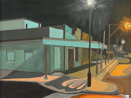 A photo of Joanne Bateman's art. The artwork is an oil painting of a streetscape at night, with streetlights shining and casting shadows over the road and buildings. Credit Joanne Bateman.