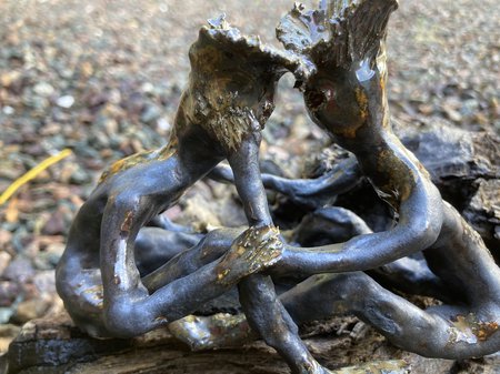 A photo of Nicole Lee's ceramic work. 2 shiny brown figures intertwine in a caring embrace. The figures' limbs are evocative of tress roots. Credit Nicole Lee.