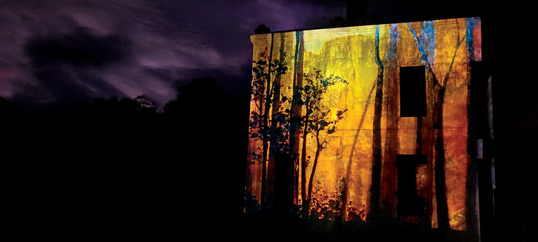 Neorama image. A photo taken at night of the outside wall of the Royal Hotel Linda. Shining onto the wall is a fiery mix of yellow and orange colours, with tall tree trunk shapes covering the building from top to bottom. Credit Zara Trihey.