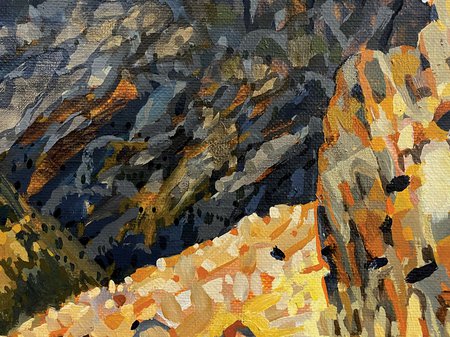 A close-up photo of 2023 West Coast Artist Commission recipient, Raymond Arnold's, work. the work is a painting of a rugged and mountainous lanscape, using warm orange, grey and green colours. Credit Raymond Arnold.