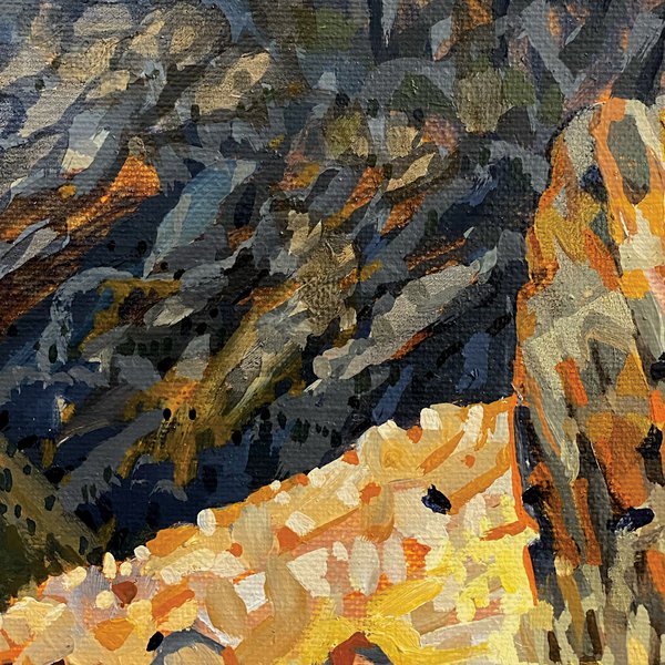 A close-up photo of 2023 West Coast Artist Commission recipient, Raymond Arnold's, work. the work is a painting of a rugged and mountainous lanscape, using warm orange, grey and green colours. Credit Raymond Arnold.