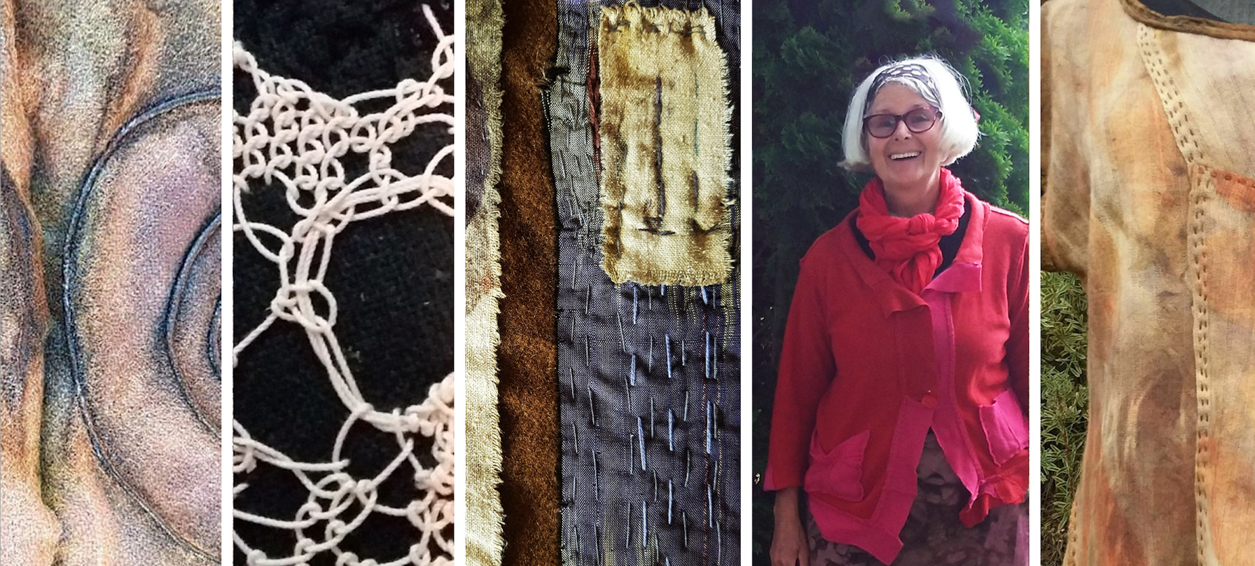A collage of photos featuring Aukje Boonstra's works. The photos show different textiles, wires and ropes that are stitched and knotted together to create wearable art. Credit Aukje Boonstra.