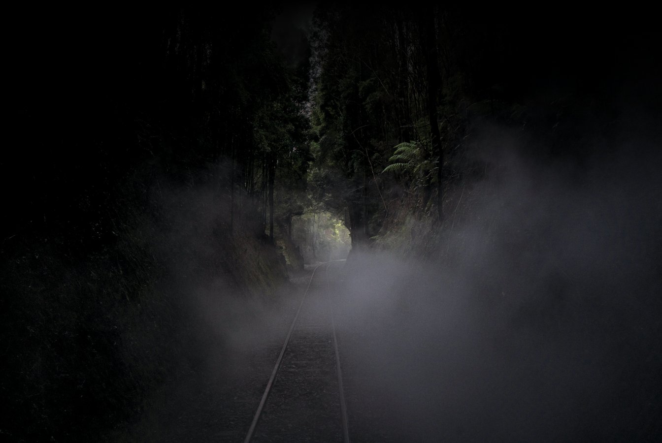 Railway tracks extending straight into a very dark, dense forest. The lower half of the image and the foreground tracks are heavily obscured by thick, glowing white mist or smoke, while a faint opening of natural light is visible at the end of the trees.