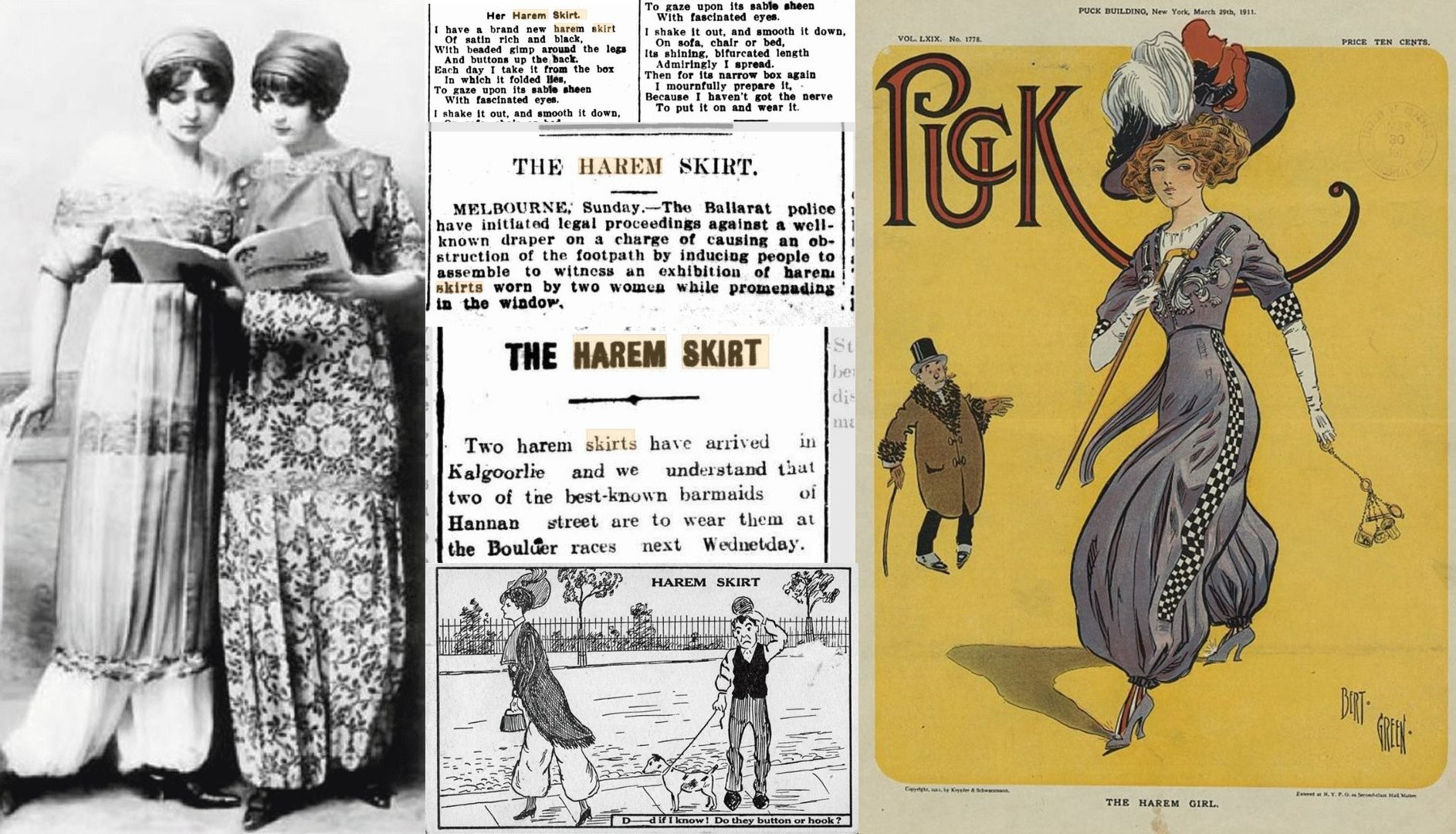 A collage of images, advertisements and newspaper clippings about The Harem Skirt