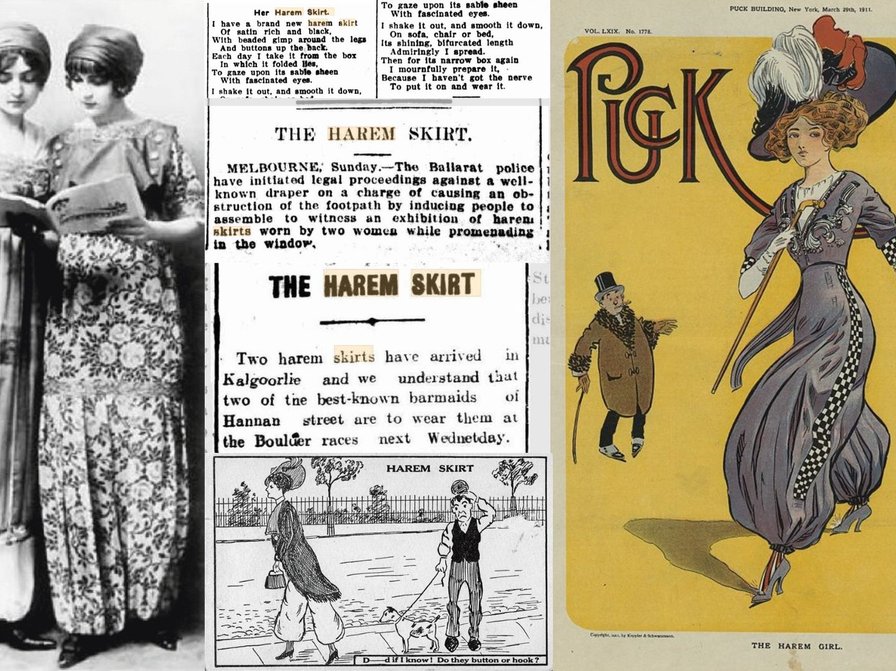 A collage of images, advertisements and newspaper clippings about The Harem Skirt